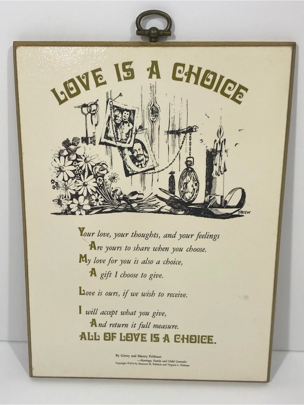 Vintage 70’s Love Is A Choice Wall Plaque - Cream and Gold